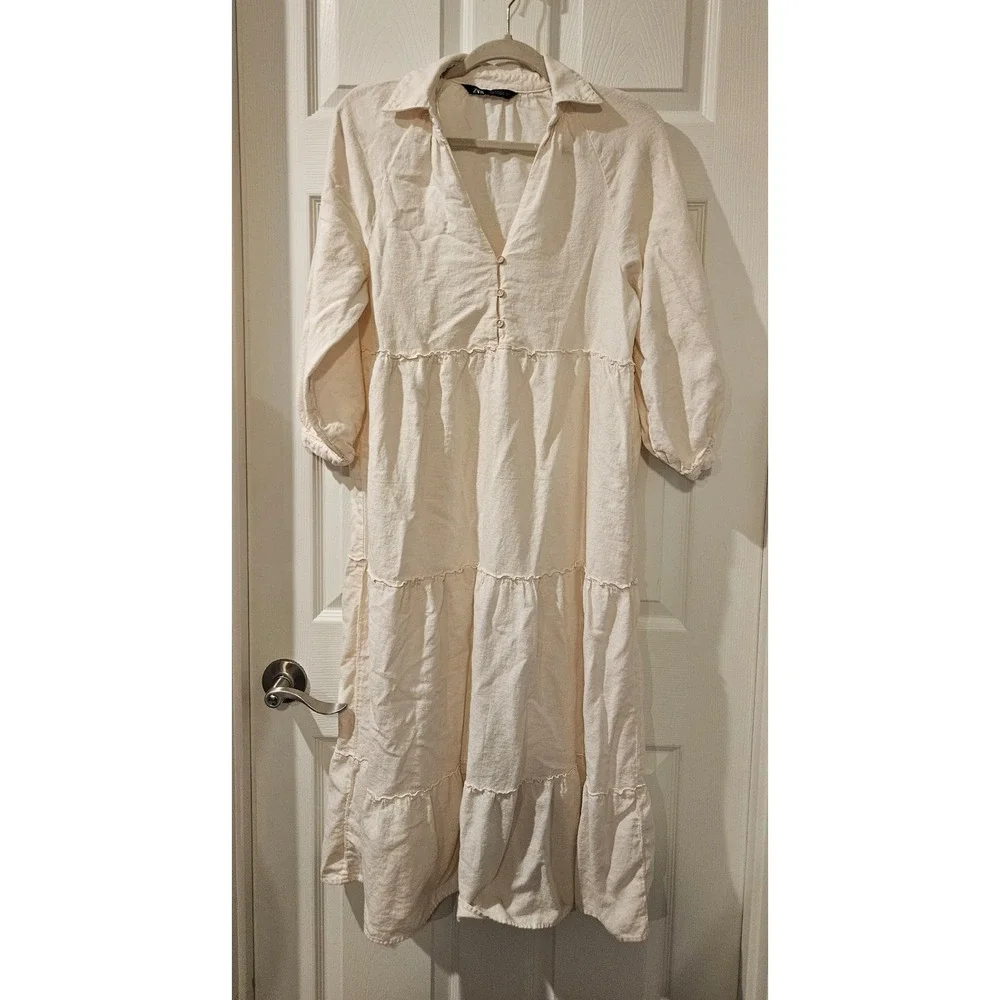 Zara Linen Blend Tiered Midi Dress Small Boho White Ivory Bridal Shower‎ Party